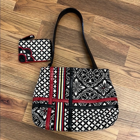 Vera Bradley Handbag and Change Purse Black and Red Patterned Shoulder Bag - Picture 1 of 10